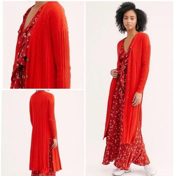Free People Skylight Ribbed Long Sleeves Fitted Cardigan Red Size Large - Picture 1 of 6